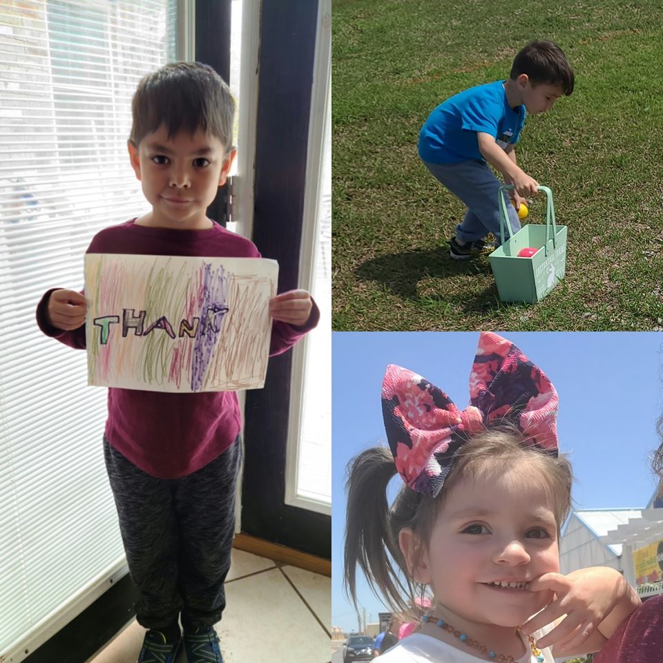 naomi clay's 3 tubal reversal babies, the oldest holding a thanks sign he made, the middle child filling his Easter basket, and the youngest smiling wearing a big bow in her hair