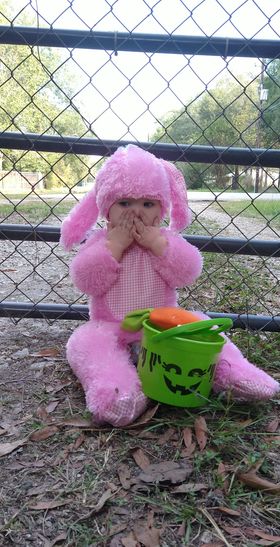 lacey hartman's tubal reversal baby tulsa dressed as a pink bunny for halloween